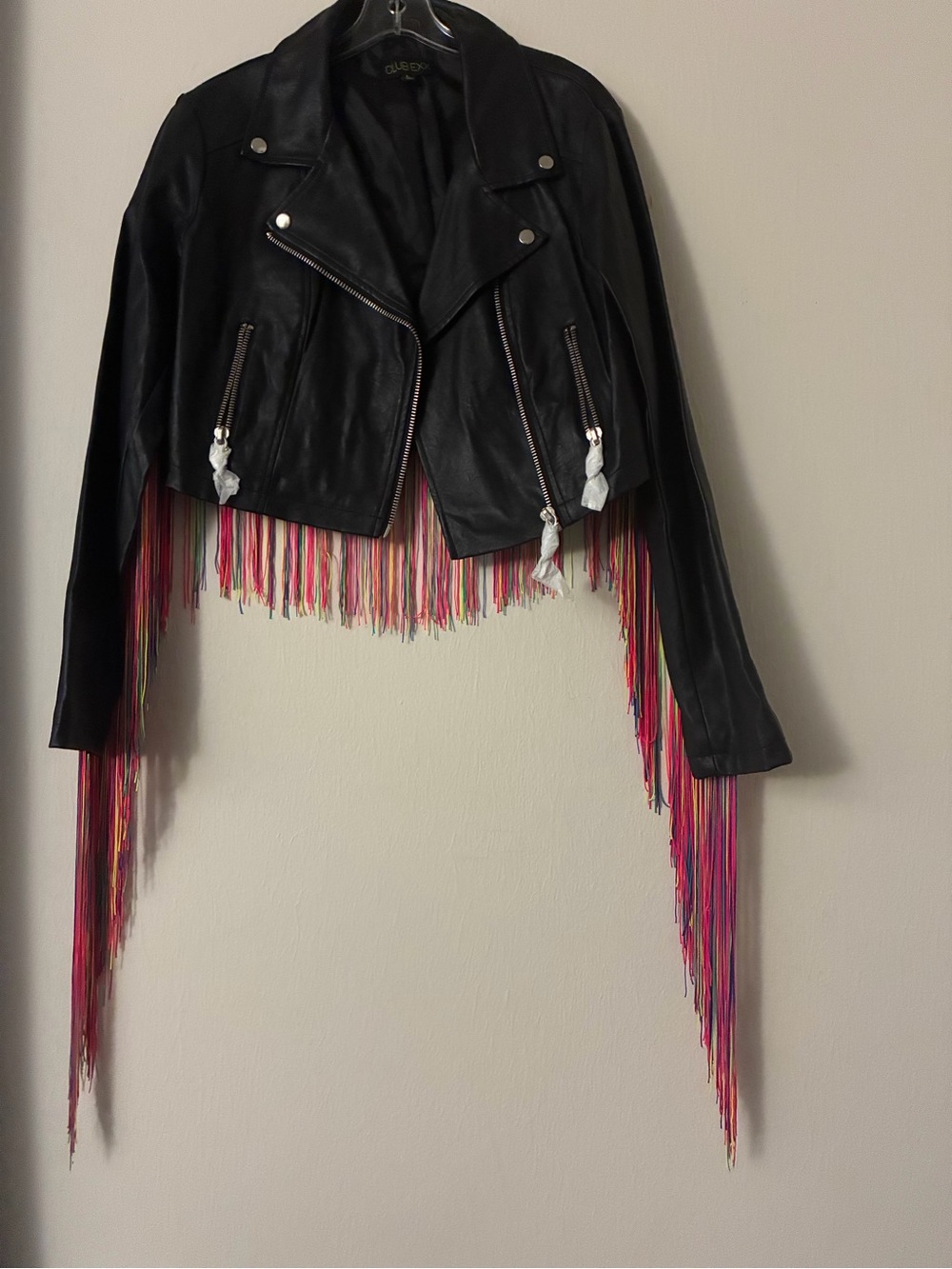 Dolls Kill NWOT Black Leather Moto Jacket with Multicolor Fringe